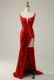 Sheath Spaghetti Straps Red Long Formal Dress with Split Front