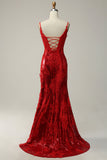 Sheath Spaghetti Straps Red Long Formal Dress with Split Front