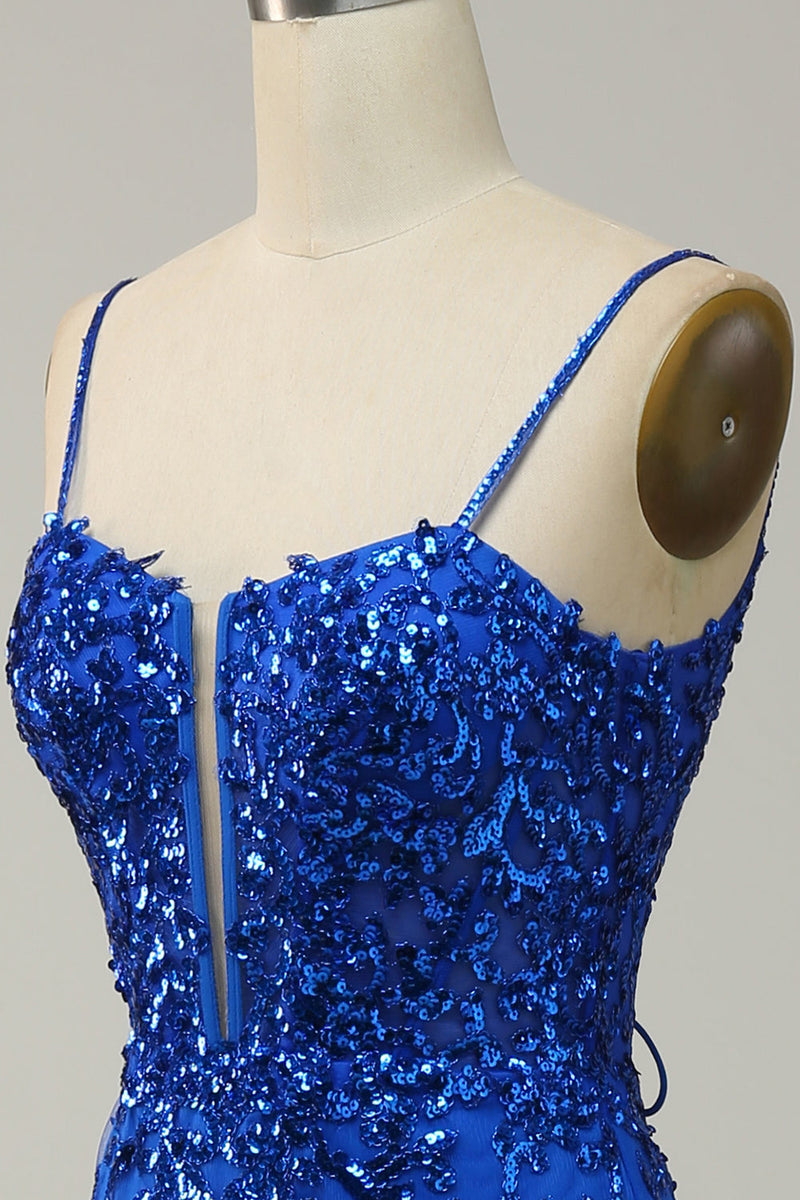 Load image into Gallery viewer, Mermaid Spaghetti Straps Royal Blue Sequins Long Formal Dress with Split Front