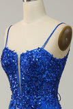 Mermaid Spaghetti Straps Royal Blue Sequins Long Formal Dress with Split Front