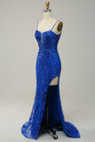 Mermaid Spaghetti Straps Royal Blue Sequins Long Formal Dress with Split Front