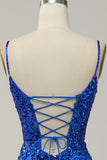 Mermaid Spaghetti Straps Royal Blue Sequins Long Formal Dress with Split Front