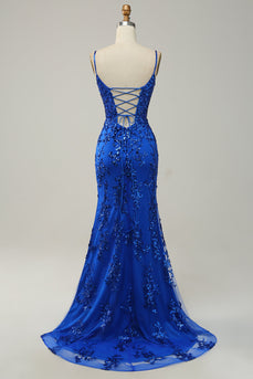 Mermaid Spaghetti Straps Royal Blue Sequins Long Formal Dress with Split Front