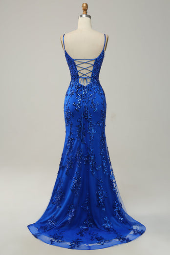 Mermaid Spaghetti Straps Royal Blue Sequins Long Formal Dress with Split Front