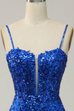 Mermaid Spaghetti Straps Royal Blue Sequins Long Formal Dress with Split Front