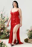 Mermaid Spaghetti Straps Red Sequins Plus Size Formal Dress with Split Front