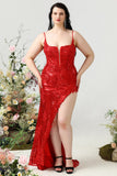 Mermaid Spaghetti Straps Red Sequins Plus Size Formal Dress with Split Front