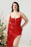 Mermaid Spaghetti Straps Red Sequins Plus Size Formal Dress with Split Front