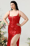 Mermaid Spaghetti Straps Red Sequins Plus Size Formal Dress with Split Front