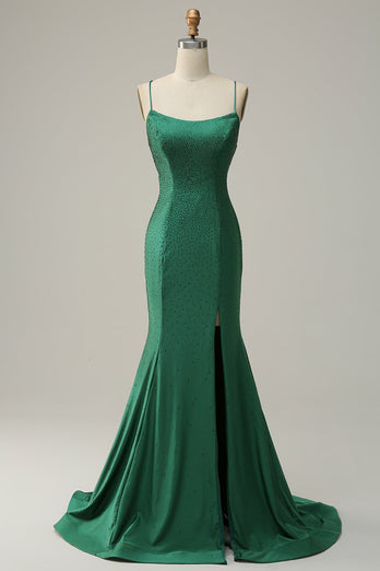 Mermaid Spaghetti Straps Dark Green Long Formal Dress with Beading