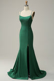 Mermaid Spaghetti Straps Dark Green Long Formal Dress with Beading