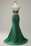 Mermaid Spaghetti Straps Dark Green Long Formal Dress with Beading