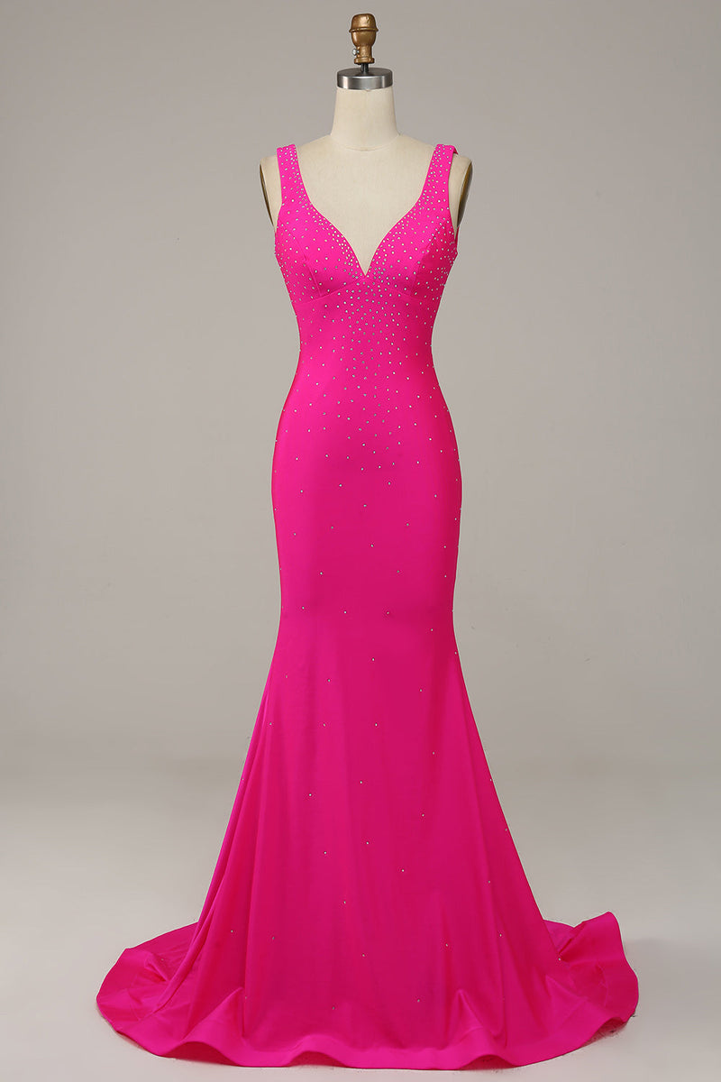 Load image into Gallery viewer, Fuchsia Mermaid V-Neck Beaded Formal Dress