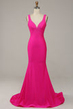 Fuchsia Mermaid V-Neck Beaded Formal Dress