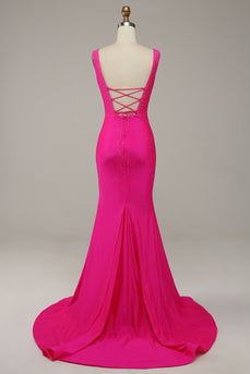 Fuchsia Mermaid V-Neck Beaded Formal Dress