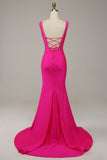 Fuchsia Mermaid V-Neck Beaded Formal Dress