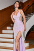Load image into Gallery viewer, Lilac Sheath V Neck Sequins Long Formal Dress with Split Front