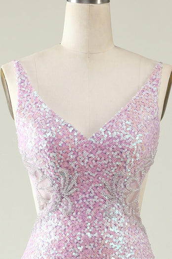 Sheath V Neck Lilac Sequins Long Formal Dress with Split Front