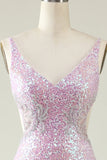 Sheath V Neck Lilac Sequins Long Formal Dress with Split Front