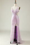 Sheath V Neck Lilac Sequins Long Formal Dress with Split Front