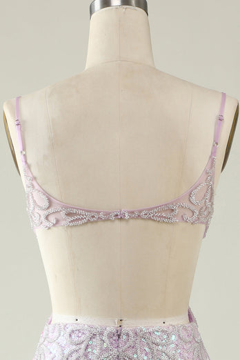 Sheath V Neck Lilac Sequins Long Formal Dress with Split Front