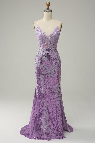 Mermaid Spaghetti Straps Purple Long Formal Dress with Appliques