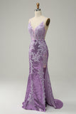 Mermaid Spaghetti Straps Purple Long Formal Dress with Appliques