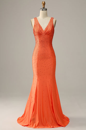 Mermaid V Neck Orange Long Formal Dress with Beading