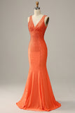 Mermaid V Neck Orange Long Formal Dress with Beading