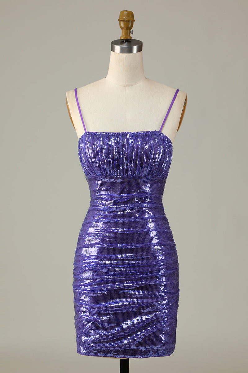 Load image into Gallery viewer, Sparkly Purple Sequins Spaghetti Straps Tight Short Formal Dress