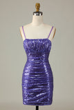 Sparkly Purple Sequins Spaghetti Straps Tight Short Formal Dress