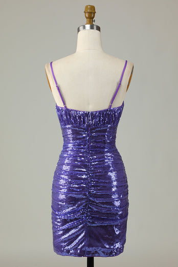 Sparkly Purple Sequins Spaghetti Straps Tight Short Formal Dress
