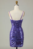 Sparkly Purple Sequins Spaghetti Straps Tight Short Formal Dress