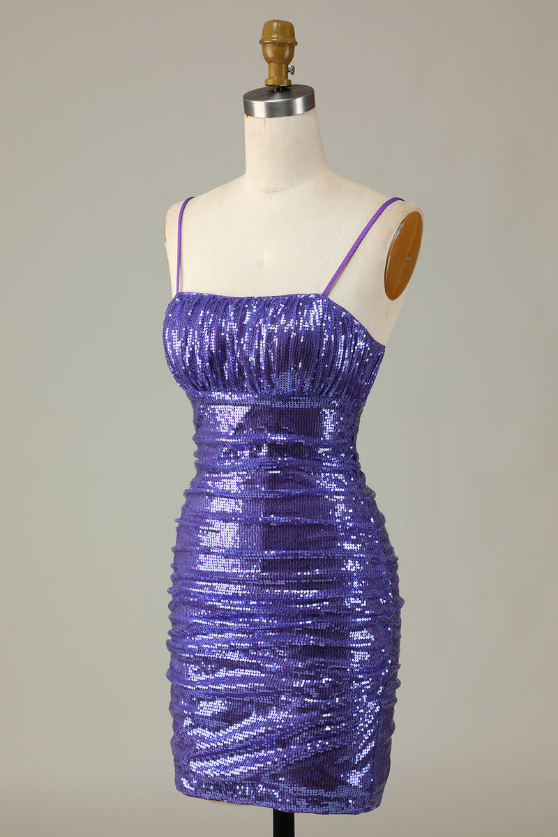 Load image into Gallery viewer, Sparkly Purple Sequins Spaghetti Straps Tight Short Formal Dress