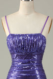 Sparkly Purple Sequins Spaghetti Straps Tight Short Formal Dress