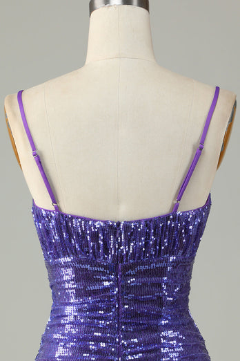 Sparkly Purple Sequins Spaghetti Straps Tight Short Formal Dress