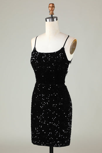 Black Spaghetti Straps Sequin Cocktail Dress With Criss Cross Back