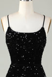 Black Spaghetti Straps Sequin Cocktail Dress With Criss Cross Back