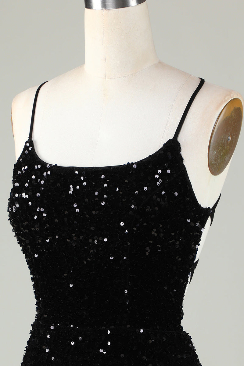 Load image into Gallery viewer, Black Spaghetti Straps Sequin Cocktail Dress With Criss Cross Back