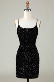 Black Spaghetti Straps Sequin Cocktail Dress With Criss Cross Back