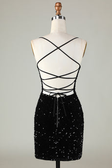 Black Spaghetti Straps Sequin Cocktail Dress With Criss Cross Back