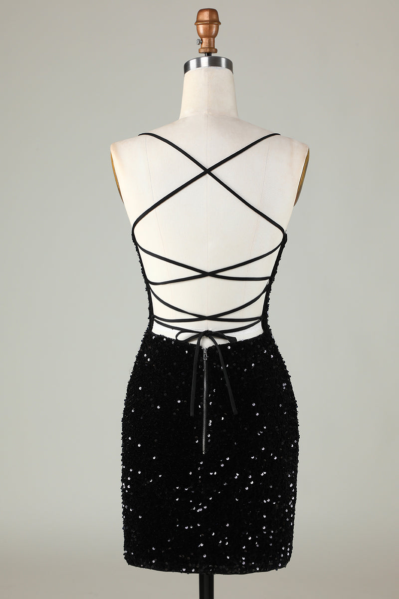 Load image into Gallery viewer, Black Spaghetti Straps Sequin Cocktail Dress With Criss Cross Back