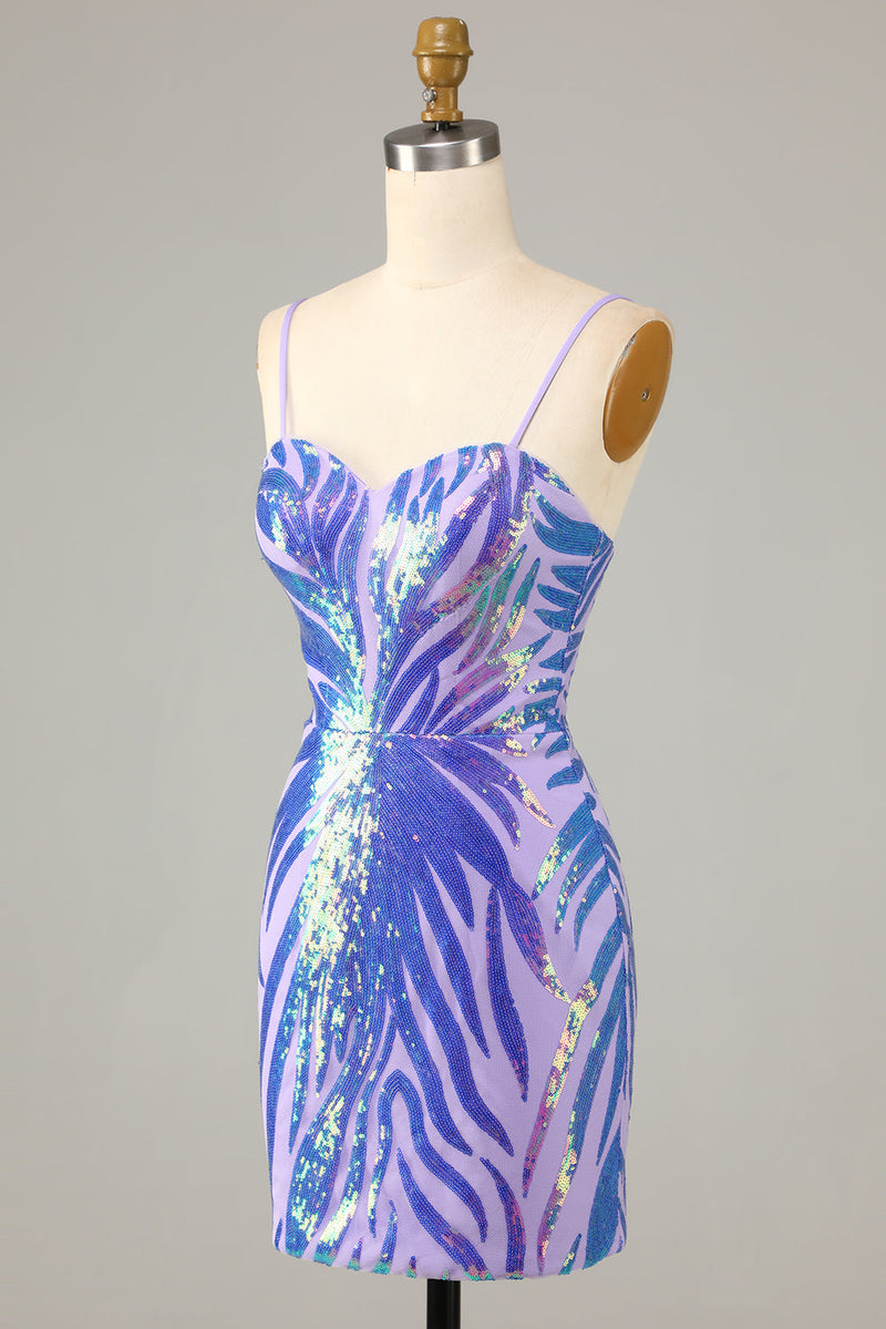 Load image into Gallery viewer, Purple Spaghetti Straps Sequin Bodycon Cocktail Dress