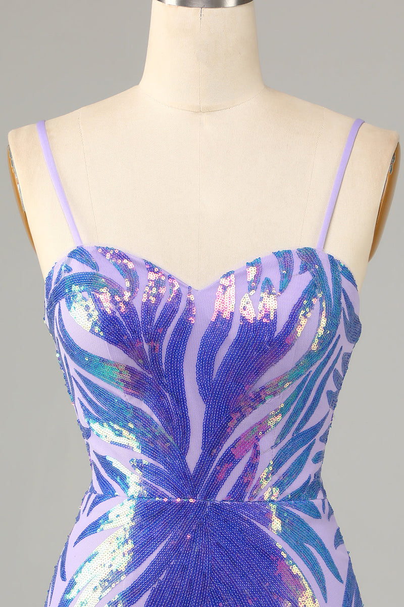 Load image into Gallery viewer, Purple Spaghetti Straps Sequin Bodycon Cocktail Dress