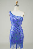 Sheath One Shoulder Blue Sequins Semi Formal Dress with Tassel