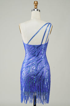 Sheath One Shoulder Blue Sequins Semi Formal Dress with Tassel