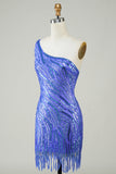 Sheath One Shoulder Blue Sequins Semi Formal Dress with Tassel