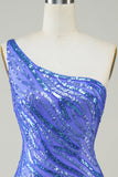 Sheath One Shoulder Blue Sequins Semi Formal Dress with Tassel