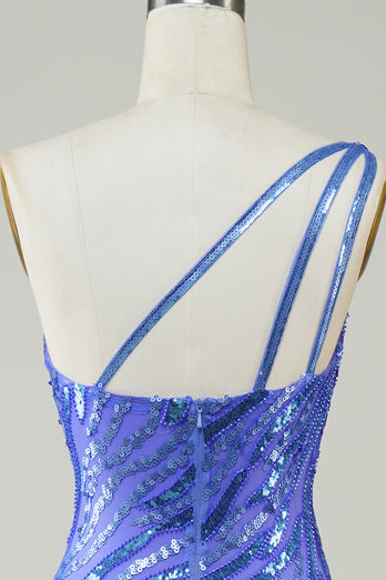 Sheath One Shoulder Blue Sequins Semi Formal Dress with Tassel