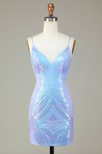 Sparkly Sheath Spaghetti Straps Blue Sequins Short Formal Dress with Backless